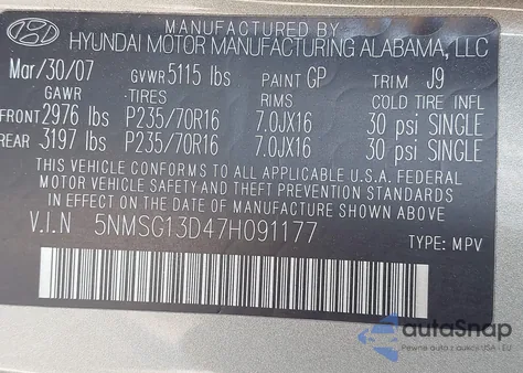 2007 Hyundai Santa Fe Gls z USA, uszkodzony, nr VIN 5NMSG13D47H091177